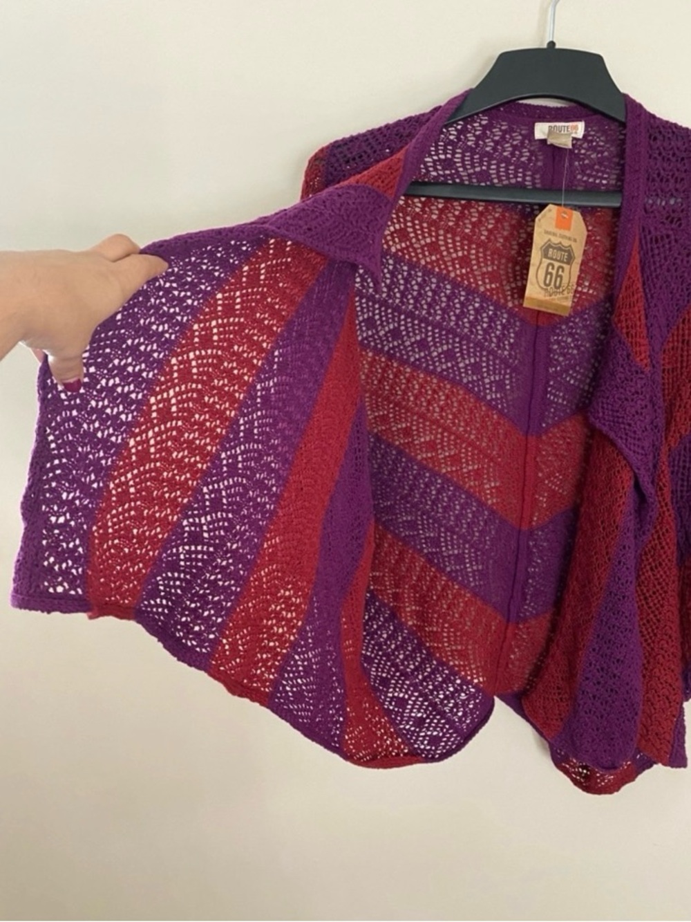 Retro Route 66 Cotton Open-Front Crochet Shrug Poncho in Purple and Red - Picture 3 of 8